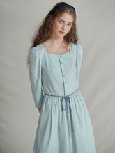 Square Neck Linen Dress with Waist Tie and Covered Buttons
